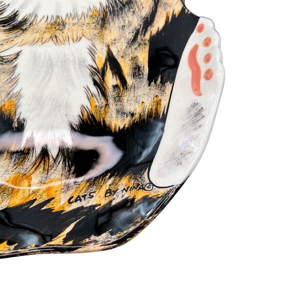 Cats by Nina Lyman Ceramic Cat Shaped Plate Platter Orange Black Calico - Picture 5 of 12